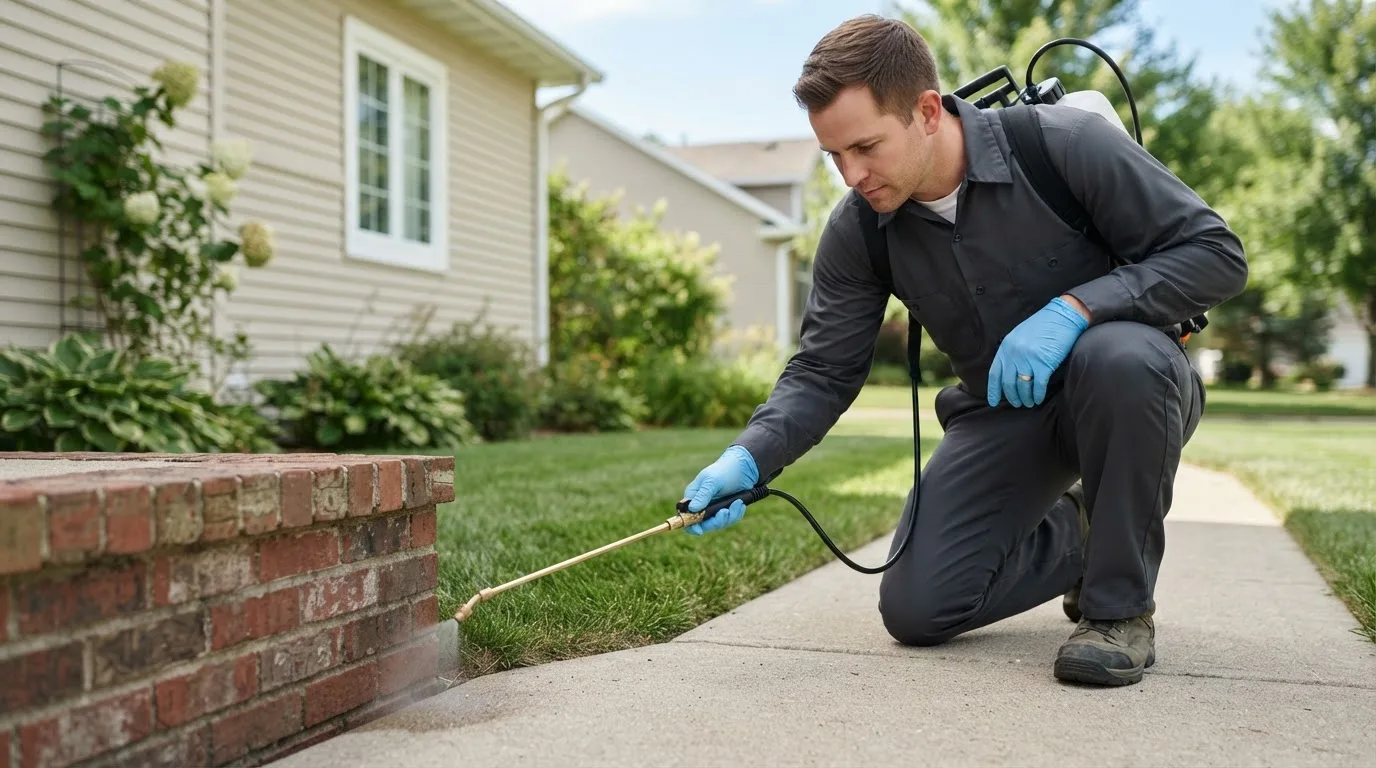 Pest control technician treating a home near Sterling Heights, MI